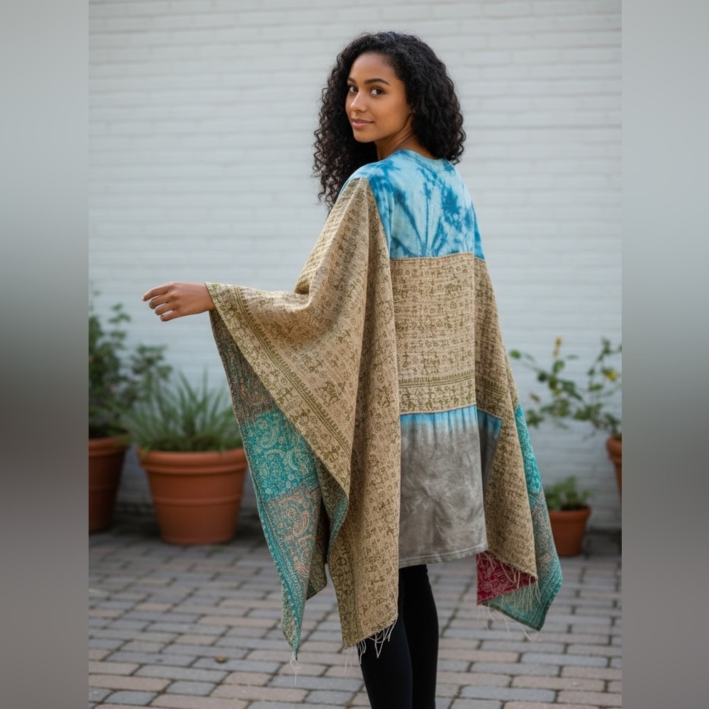 Boho Tie-Dye Tree Graphic Poncho Top in Teal and Brown - Picture 3 of 7
